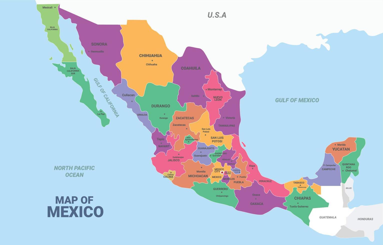 mapa de méxico con nombre de país detallado vector