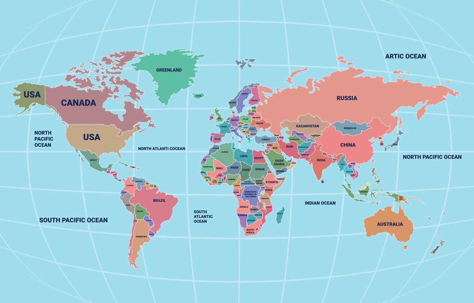 lleno color mundo mapa con país nombres vector