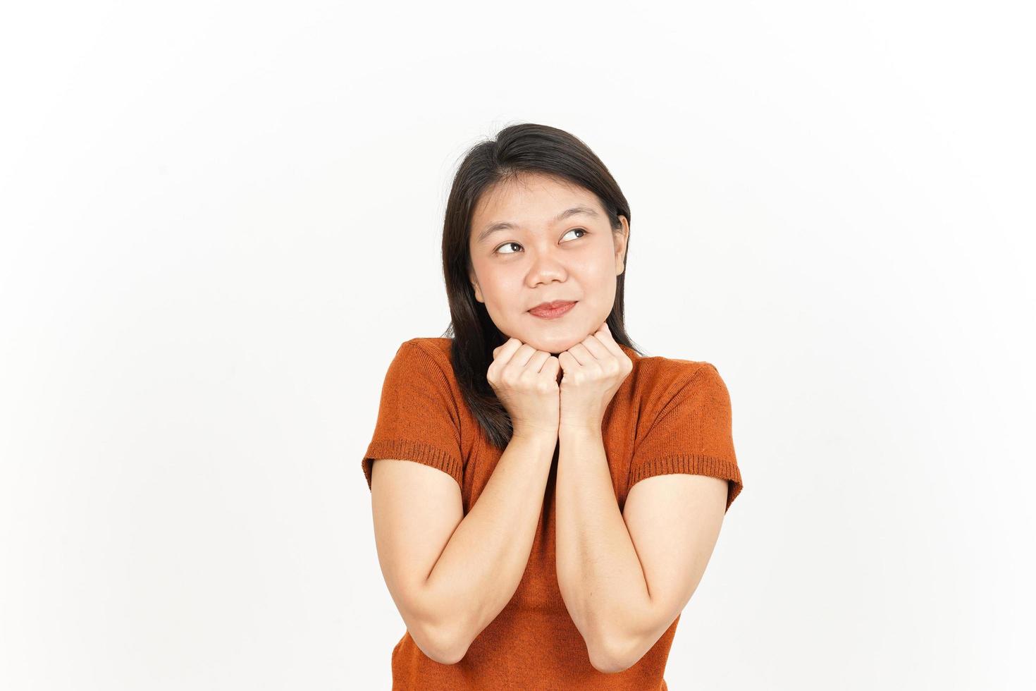 Thinking Gesture Of Beautiful Asian Woman Isolated On White Background photo