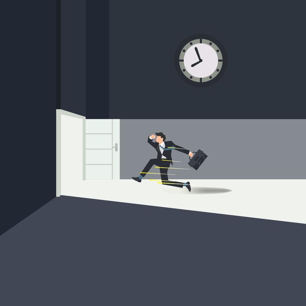 Vector businessman running to the open the door. Almost late for work illustration