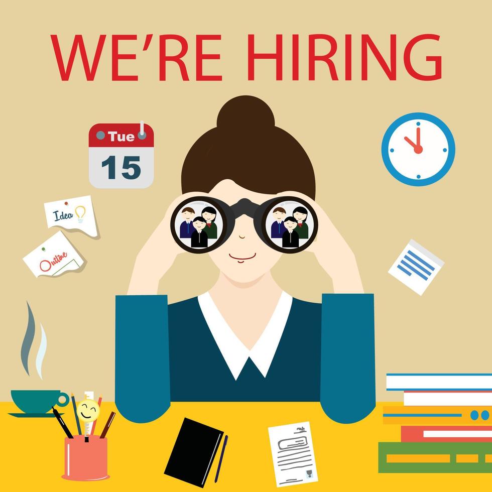 Woman with binoculars looking for the best suited employee vector