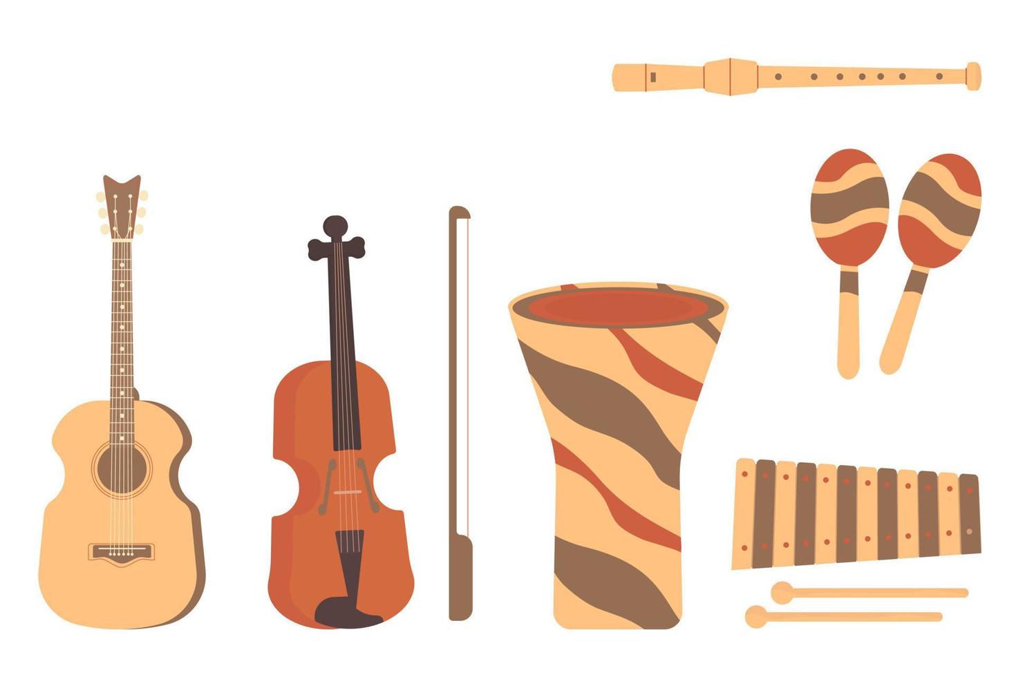 musical instrumentos violín, guitarra, xilófono, maracas, djembé, tambor en africano estilo vector