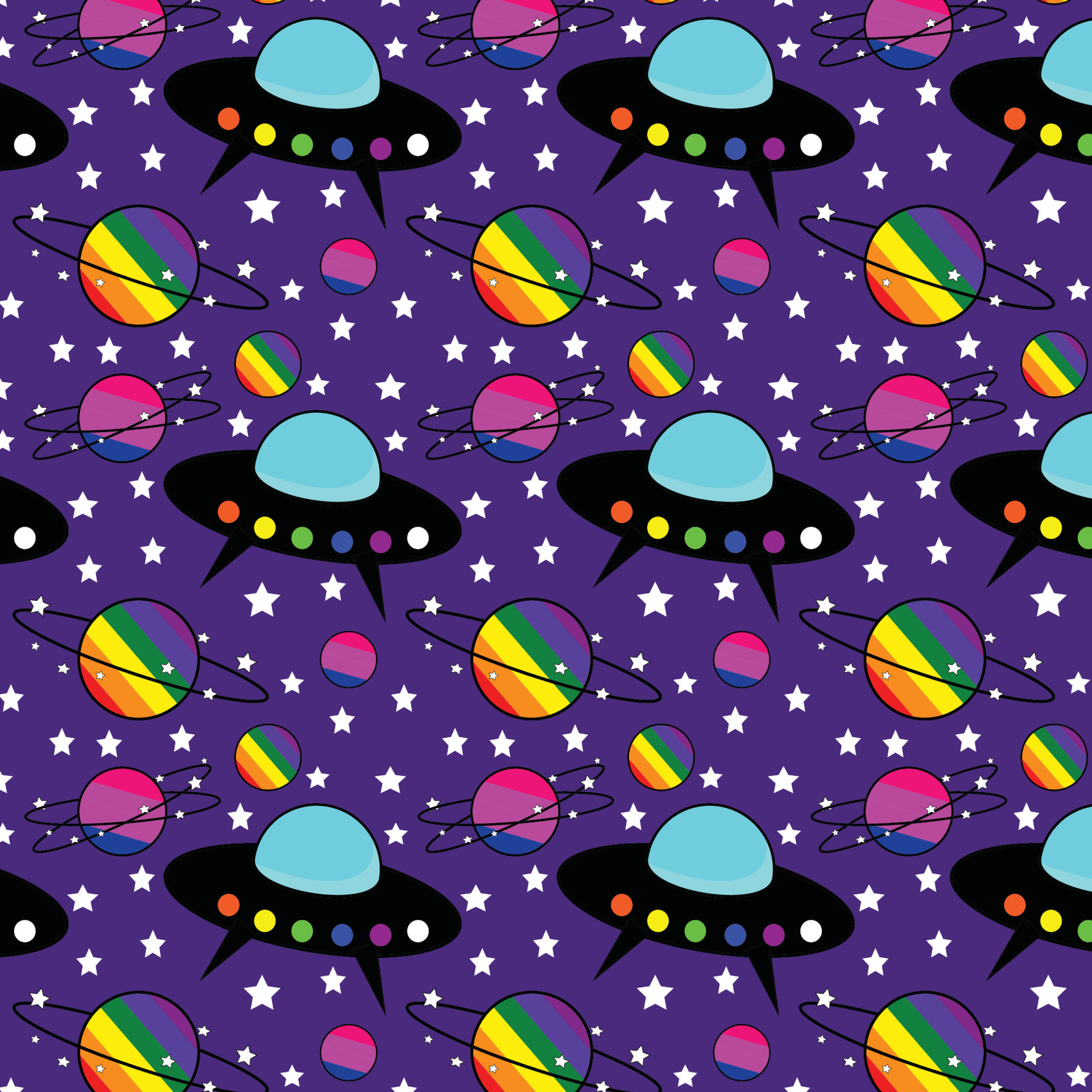 LGBT Symbols Seamless Vector Pattern With Rainbow Planets, Ufo Sticker