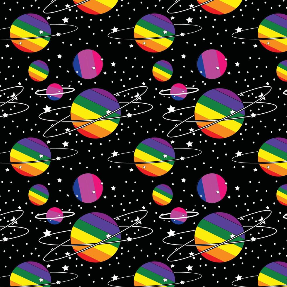 arco iris planetas sin costura vector patrón, aislado en negro fondo, orgullo diseño con estrellas, bueno para envase, fondo de pantalla, tela