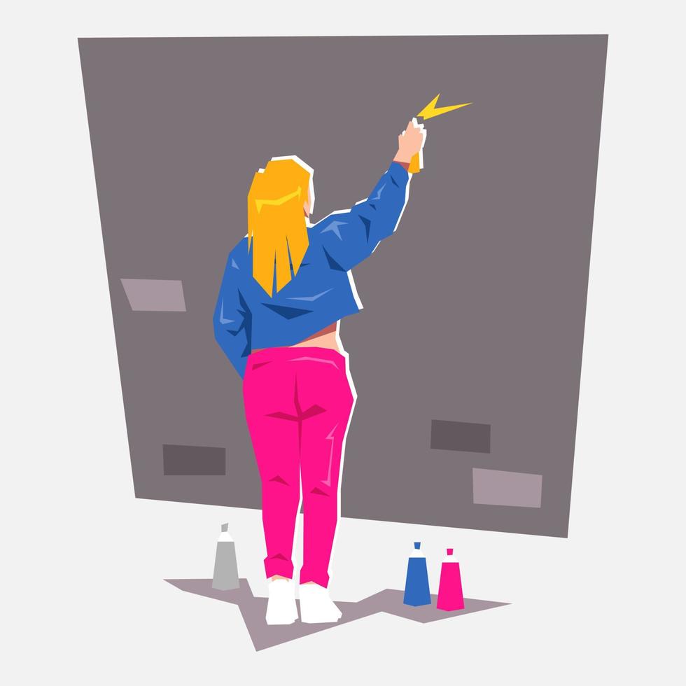 female graffiti artist, mural painter paint on brick wall with spray paint. creative occupation. back view. flat vector illustration.