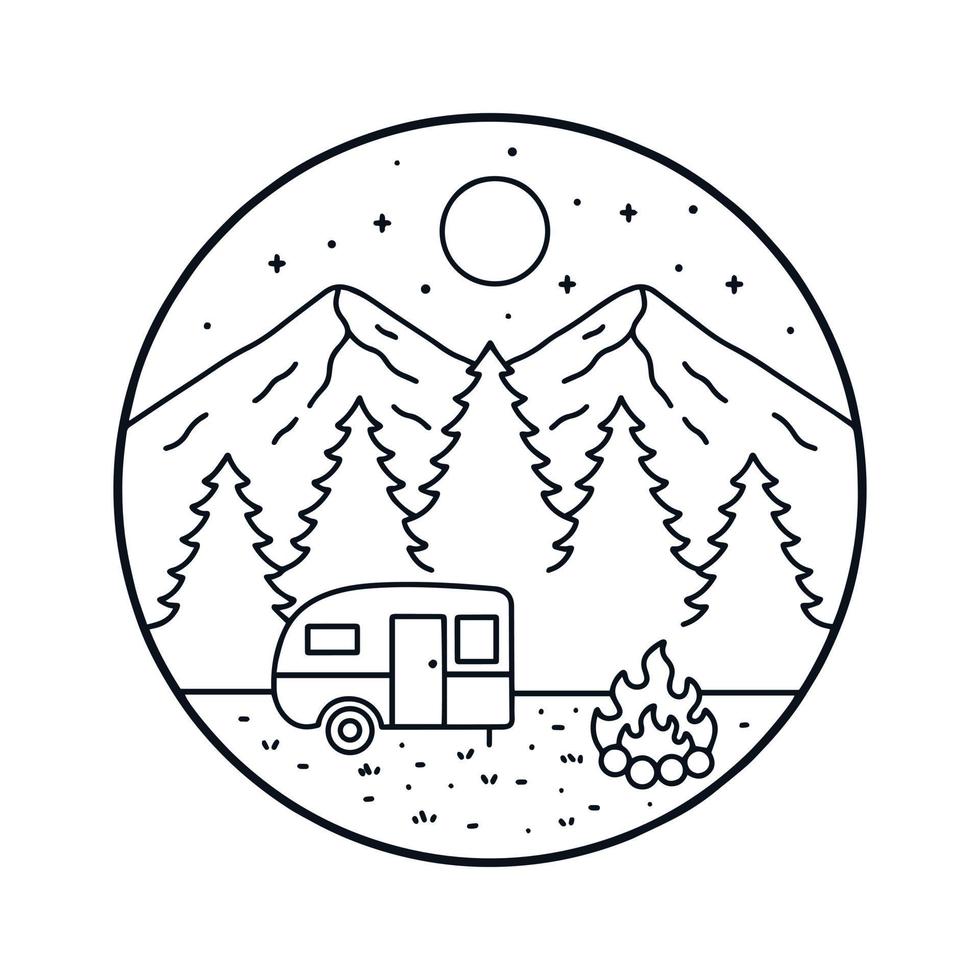 Camping on the nature in mono line art for t shirt patch badge design vector
