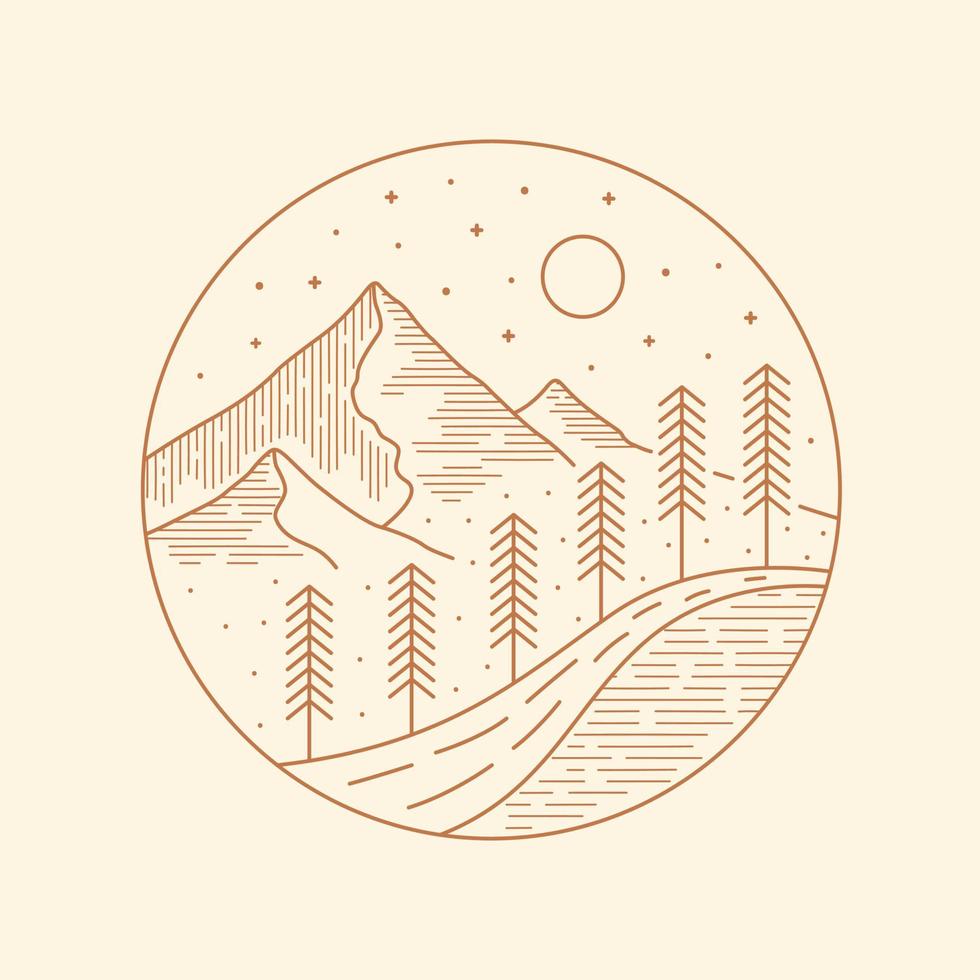 Landscape mountains river and pines vector line style for patch, pin, graphic, art t-shirt design
