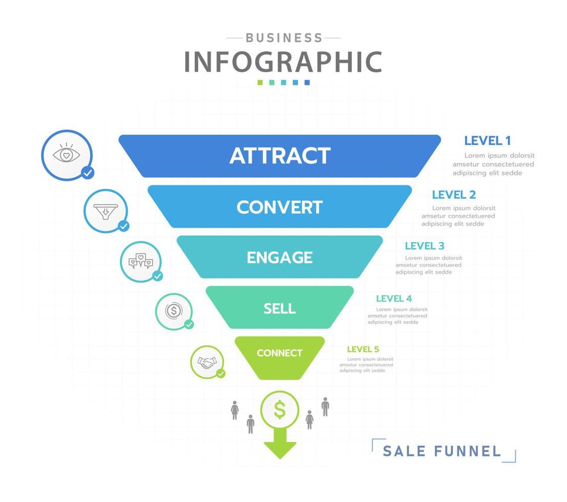 infografía modelo para negocio. 5 5 nivel moderno ventas embudo diagrama con icono temas, presentación vector infografía.