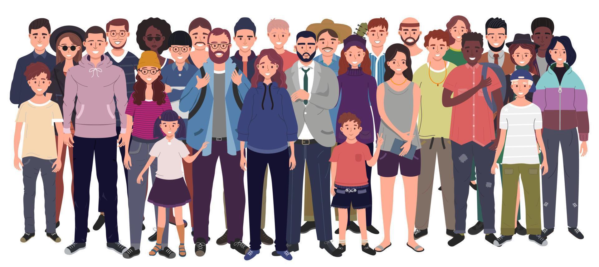 multinacional grupo de personas aislado en blanco antecedentes. niños, adultos y adolescentes estar juntos. vector ilustración