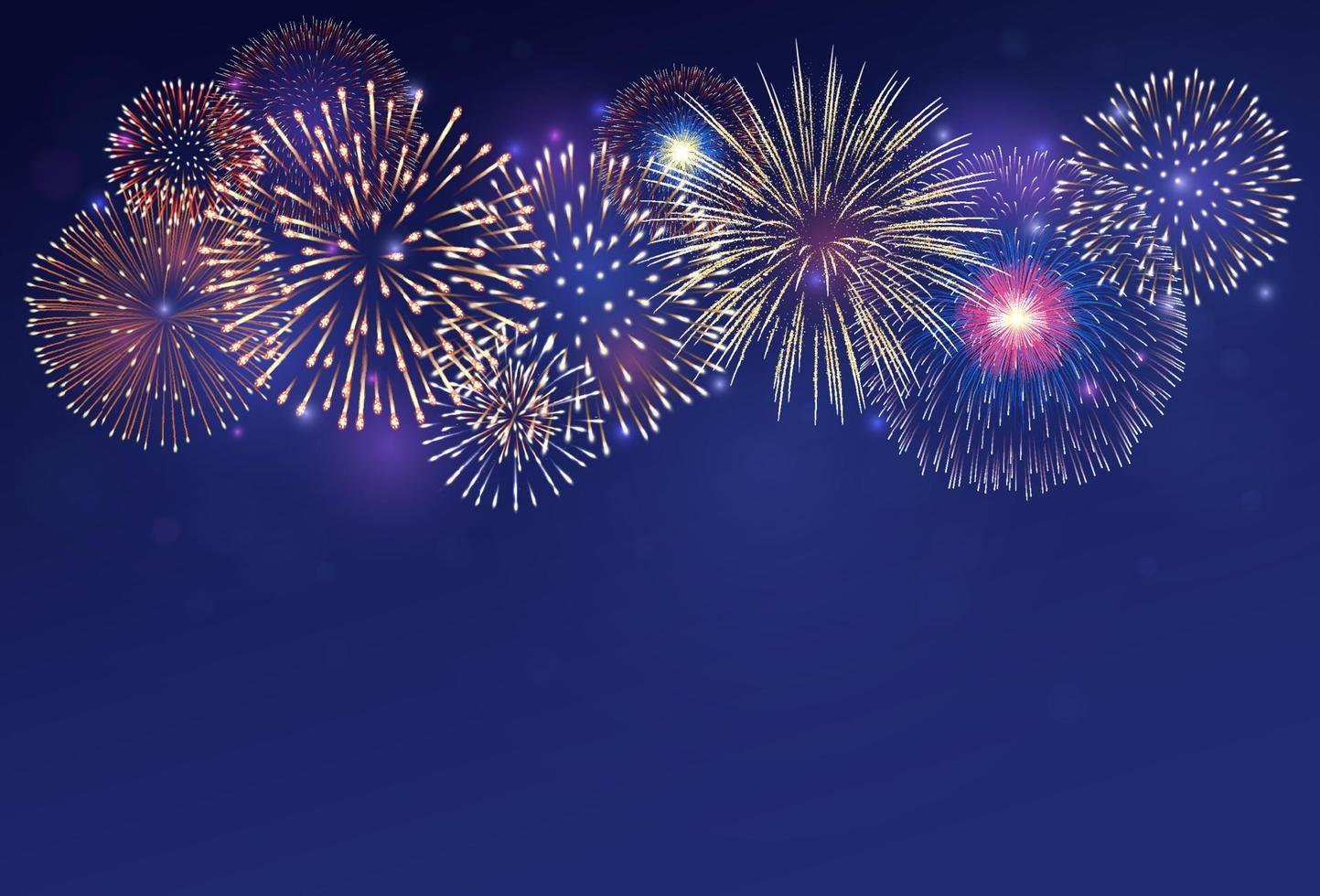 Fireworks on twilight background vector illustration. Bright salute explosion with gradient glowing effect isolated on dark blue.