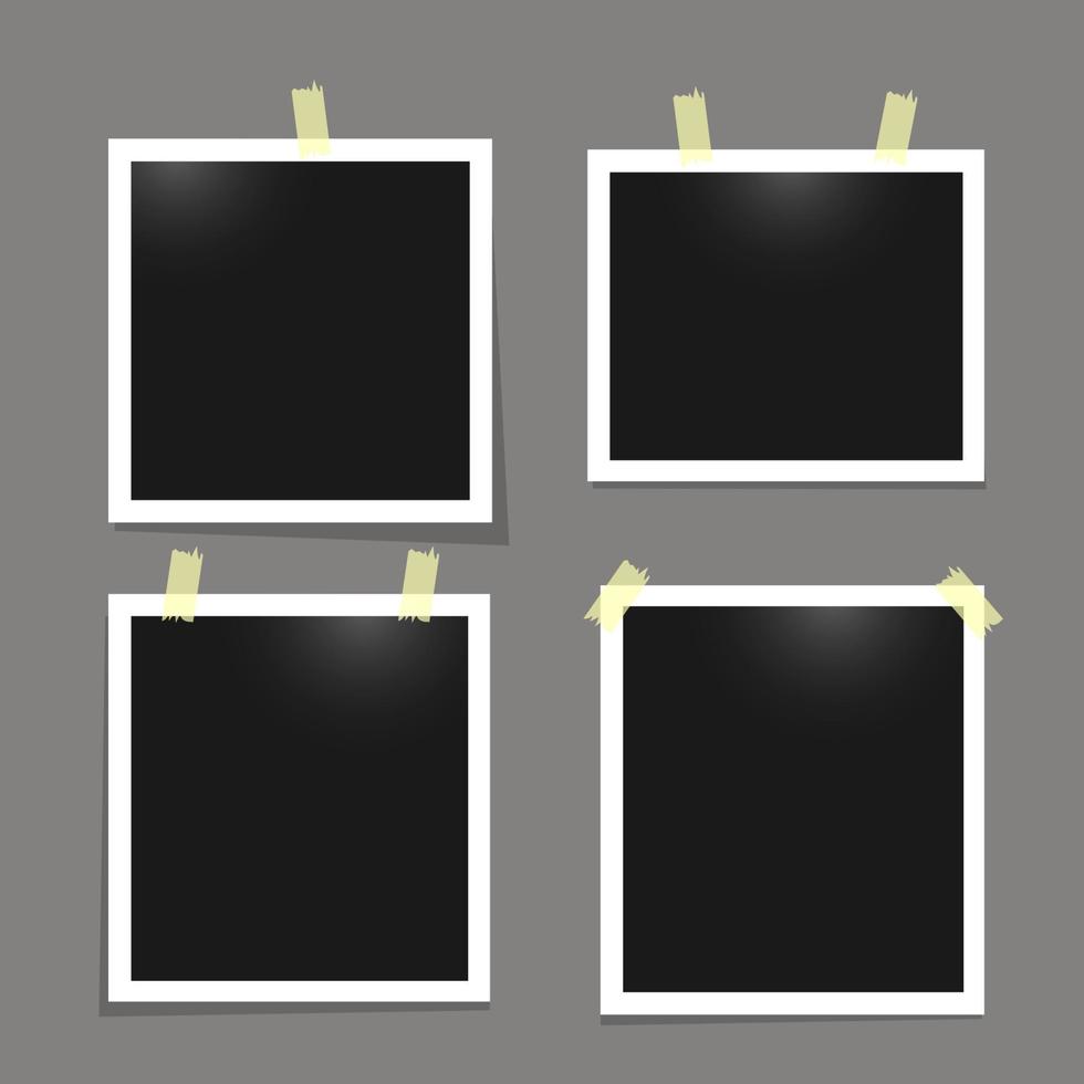 Black photo paper with white frames on the grey wall. Vector