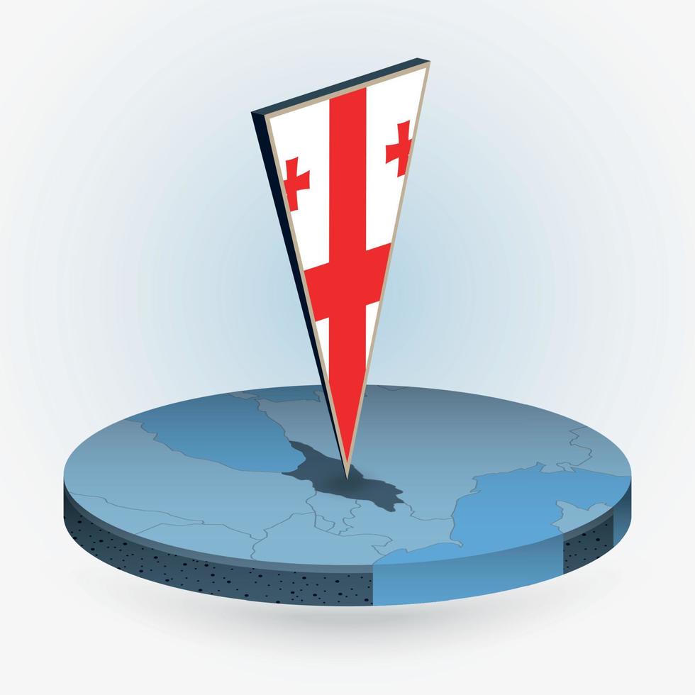 Georgia map in round isometric style with triangular 3D flag of Georgia vector