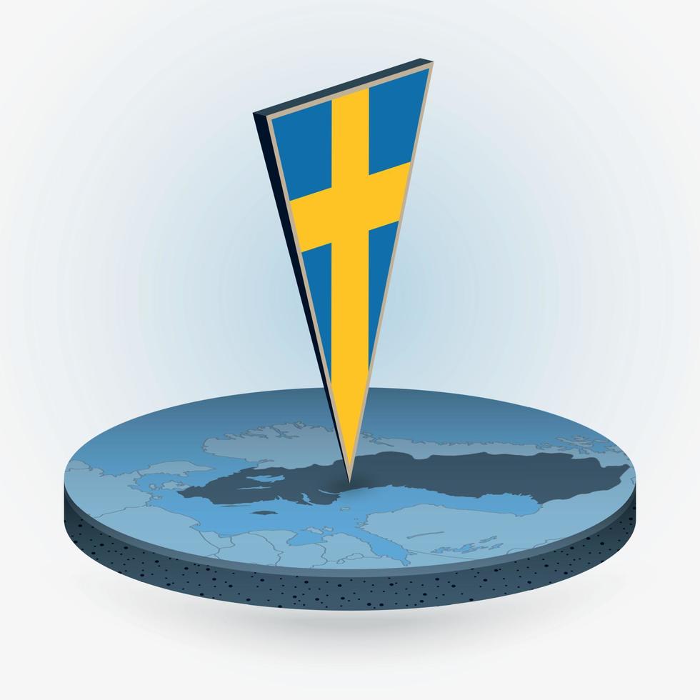 Sweden map in round isometric style with triangular 3D flag of Sweden vector