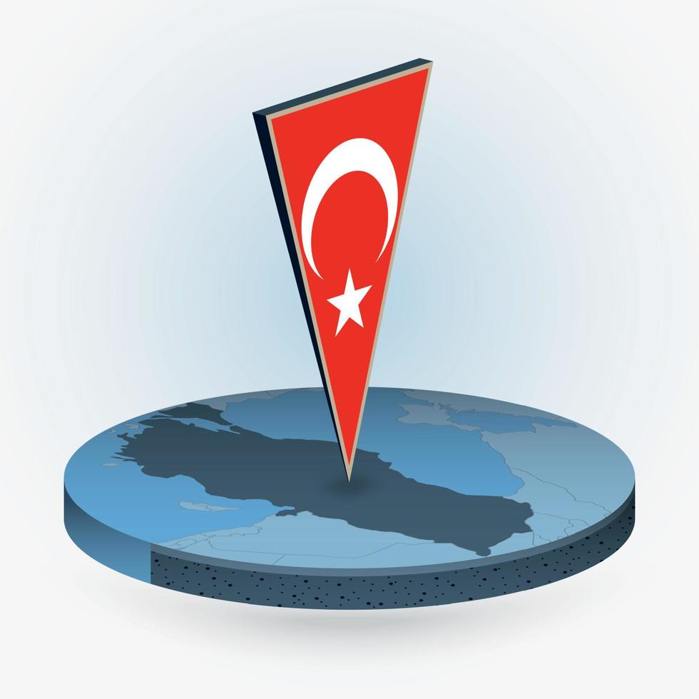 Turkey map in round isometric style with triangular 3D flag of Turkey vector