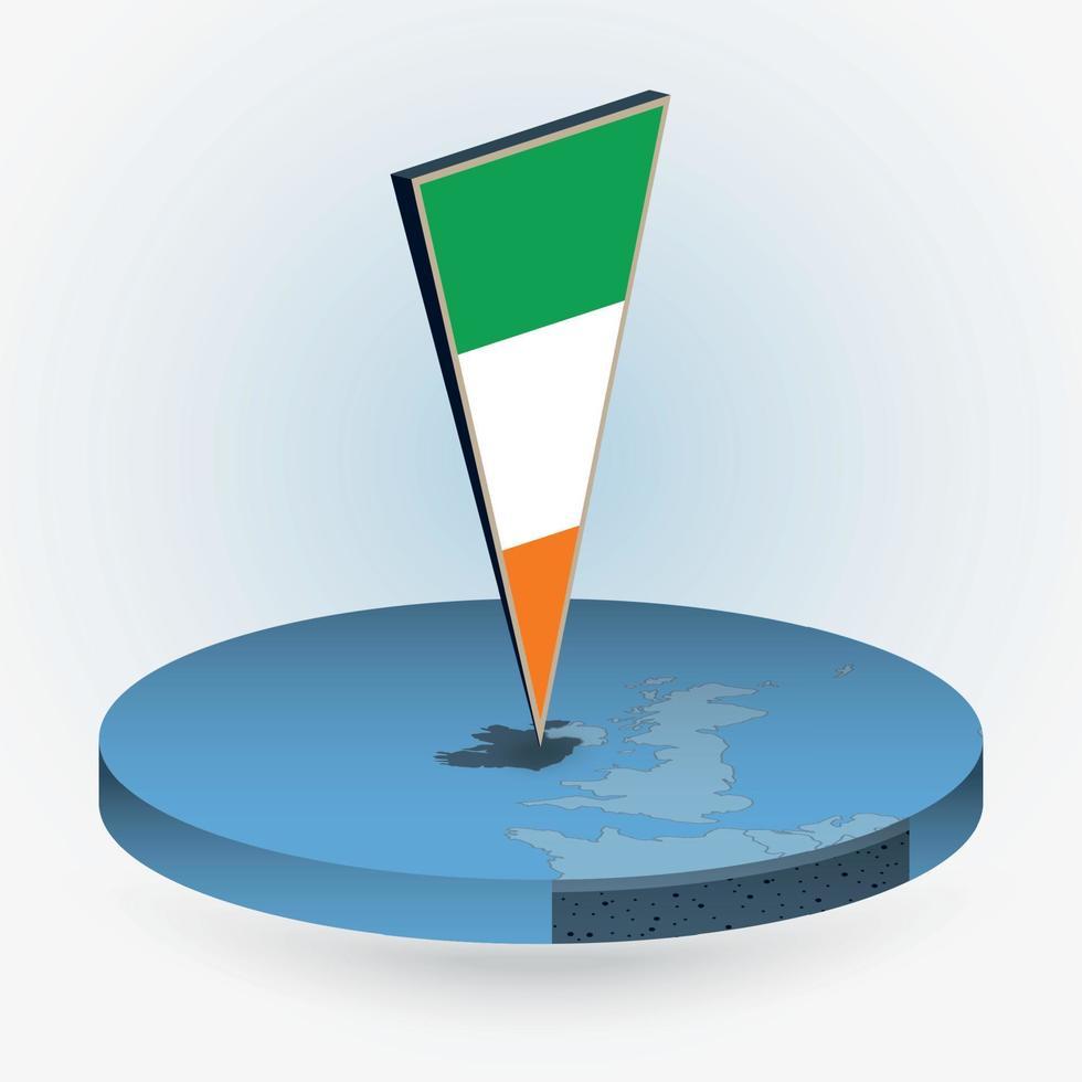 Ireland map in round isometric style with triangular 3D flag of Ireland vector