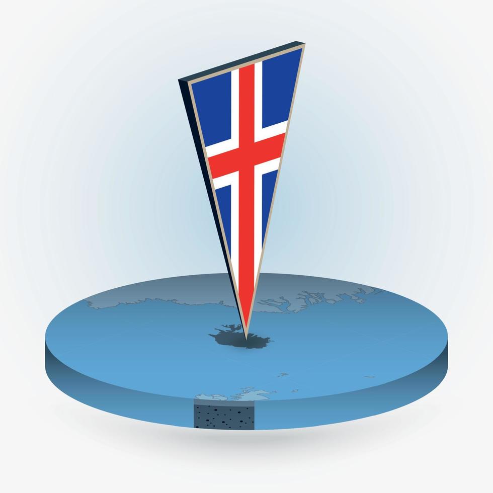 Iceland map in round isometric style with triangular 3D flag of Iceland vector