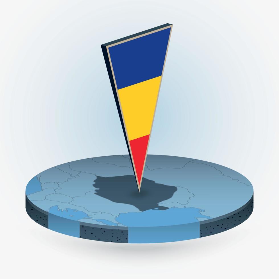 Rumania mapa en redondo isométrica estilo con triangular 3d bandera de Rumania vector