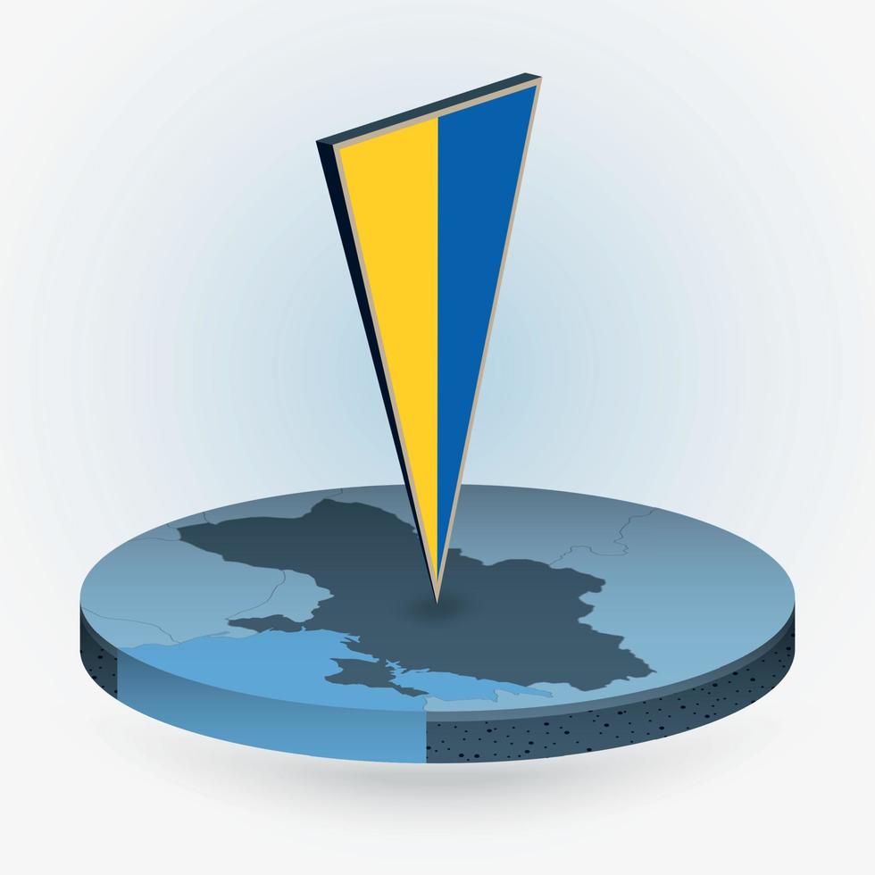 Ukraine map in round isometric style with triangular 3D flag of Ukraine vector