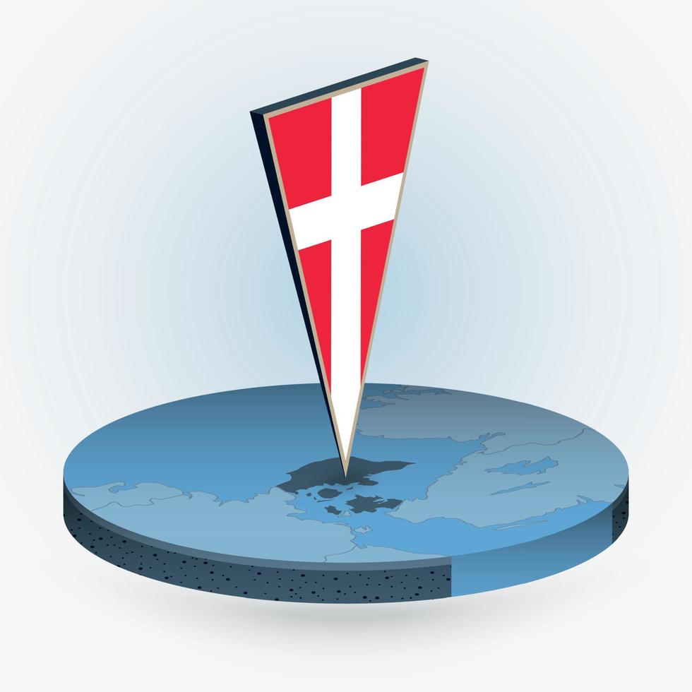 Denmark map in round isometric style with triangular 3D flag of Denmark vector