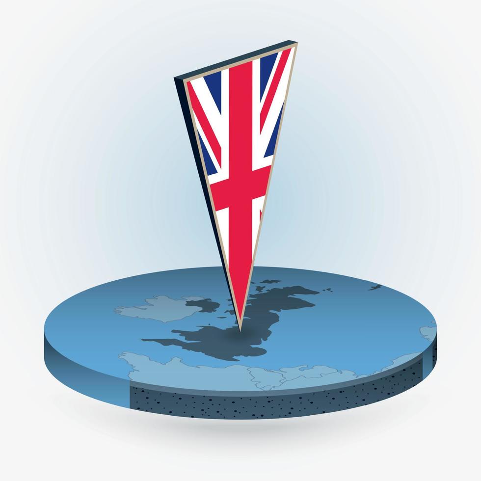 United Kingdom map in round isometric style with triangular 3D flag of UK vector