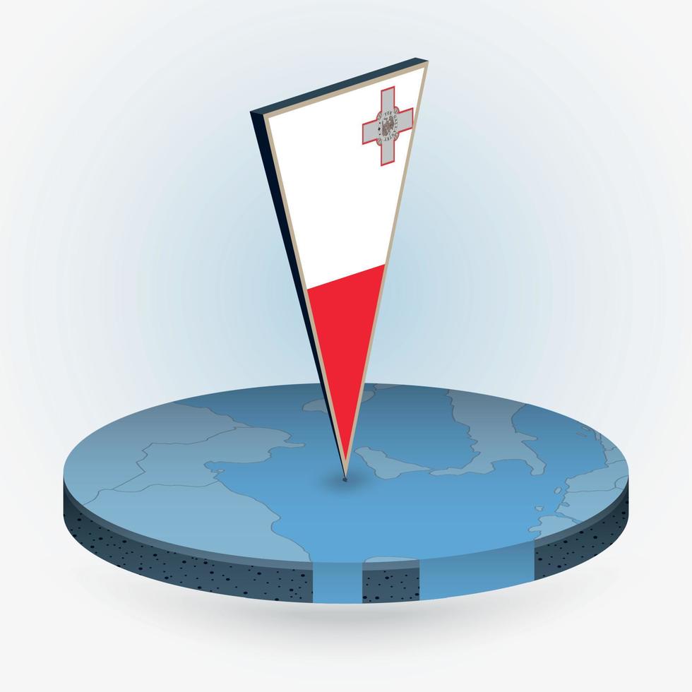 Malta map in round isometric style with triangular 3D flag of Malta vector