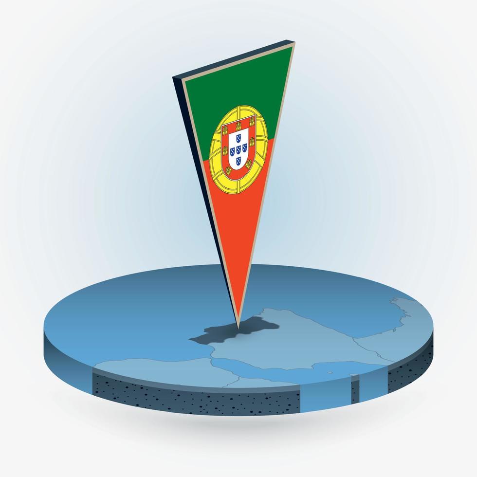 Portugal map in round isometric style with triangular 3D flag of Portugal vector