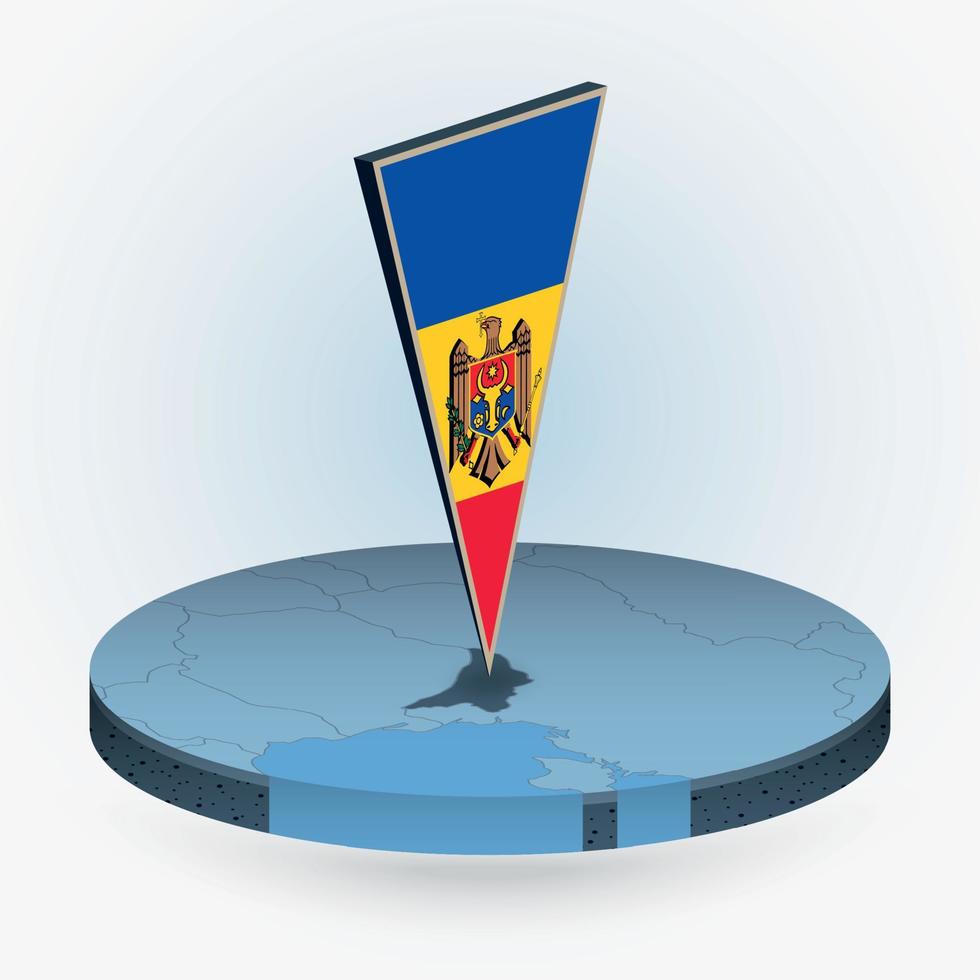 Moldova map in round isometric style with triangular 3D flag of Moldova vector