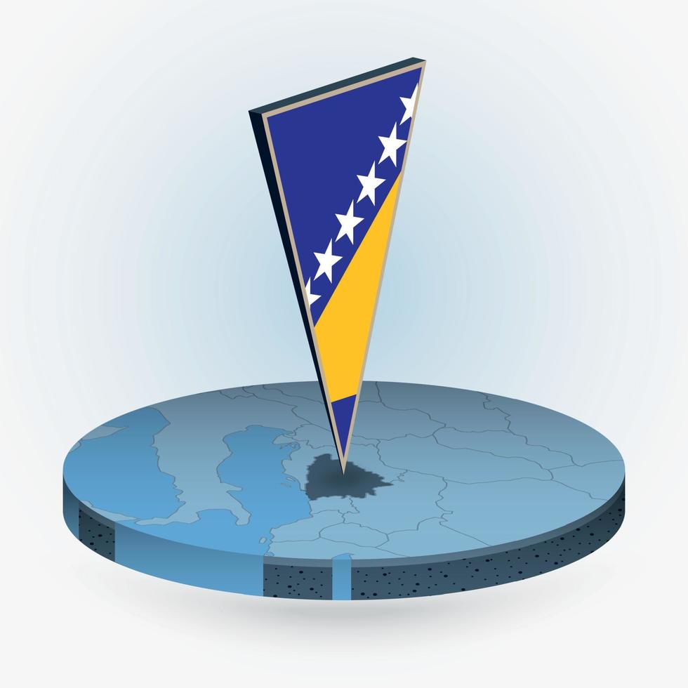 Bosnia and Herzegovina map in round isometric style with triangular 3D flag of Bosnia and Herzegovina vector