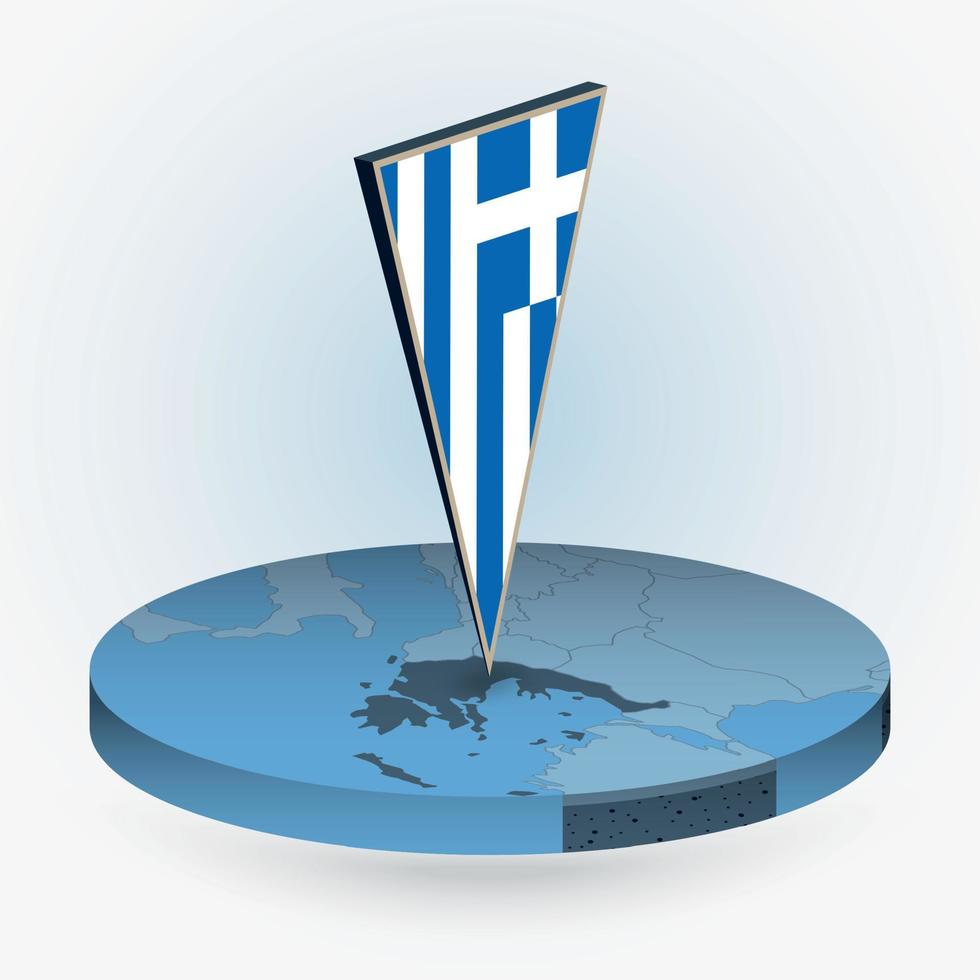 Greece map in round isometric style with triangular 3D flag of Greece vector