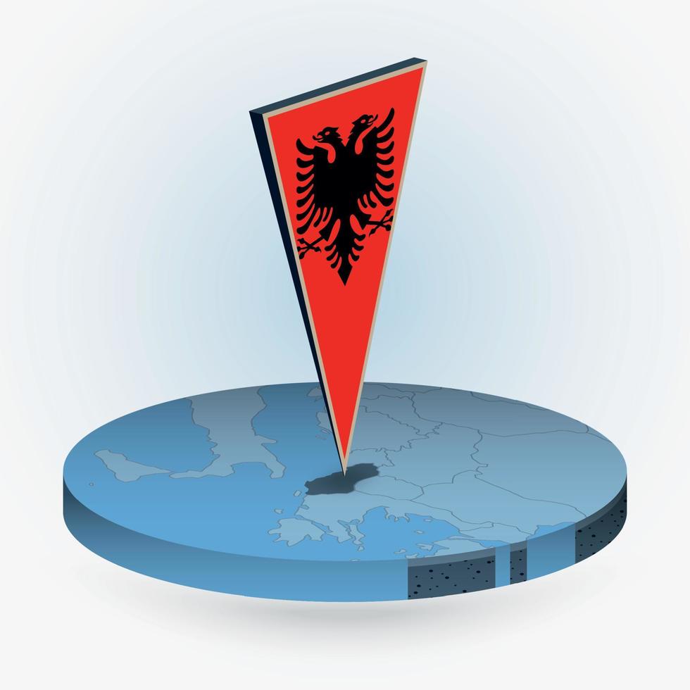 Albania map in round isometric style with triangular 3D flag of Albania vector