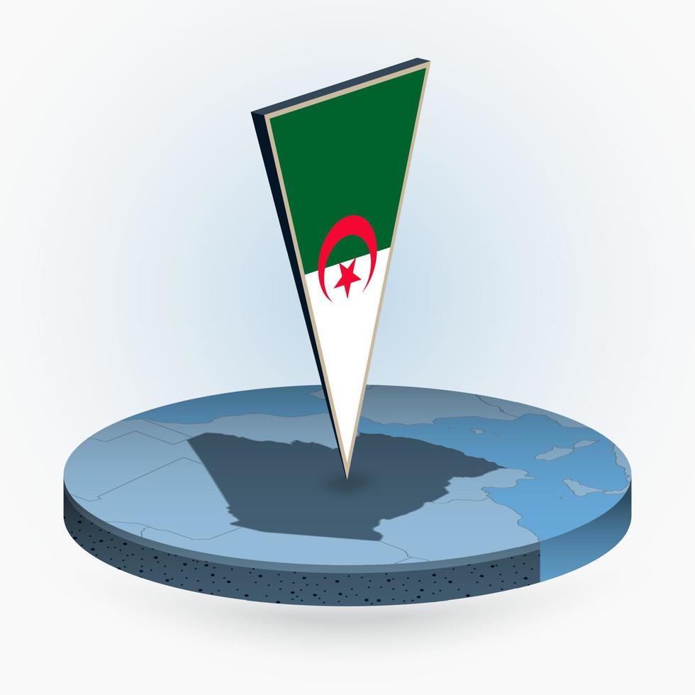 Algeria map in round isometric style with triangular 3D flag of Algeria vector