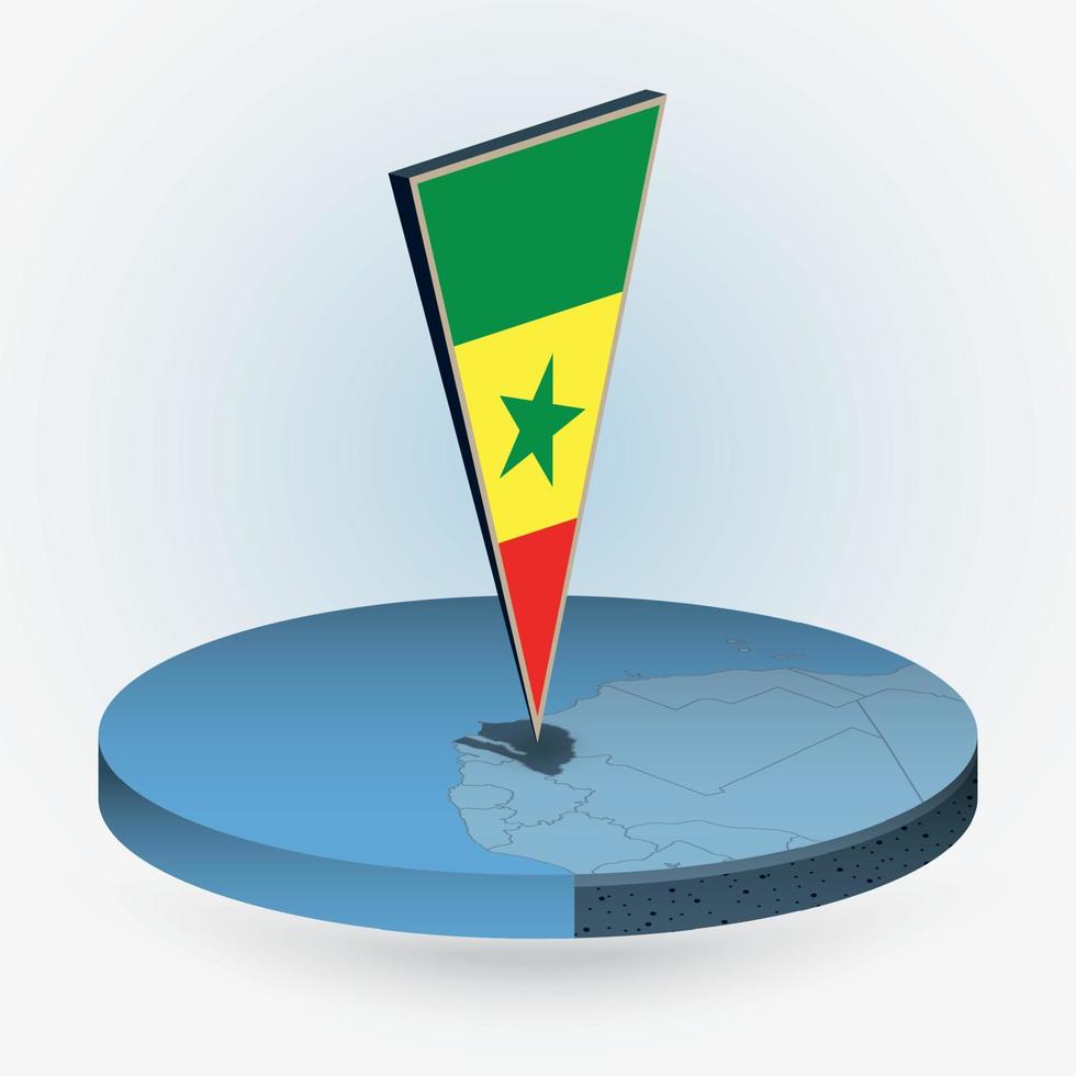 Senegal map in round isometric style with triangular 3D flag of Senegal vector