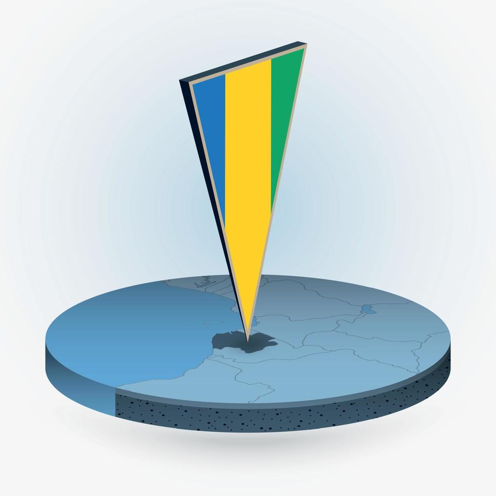 Gabon map in round isometric style with triangular 3D flag of Gabon vector