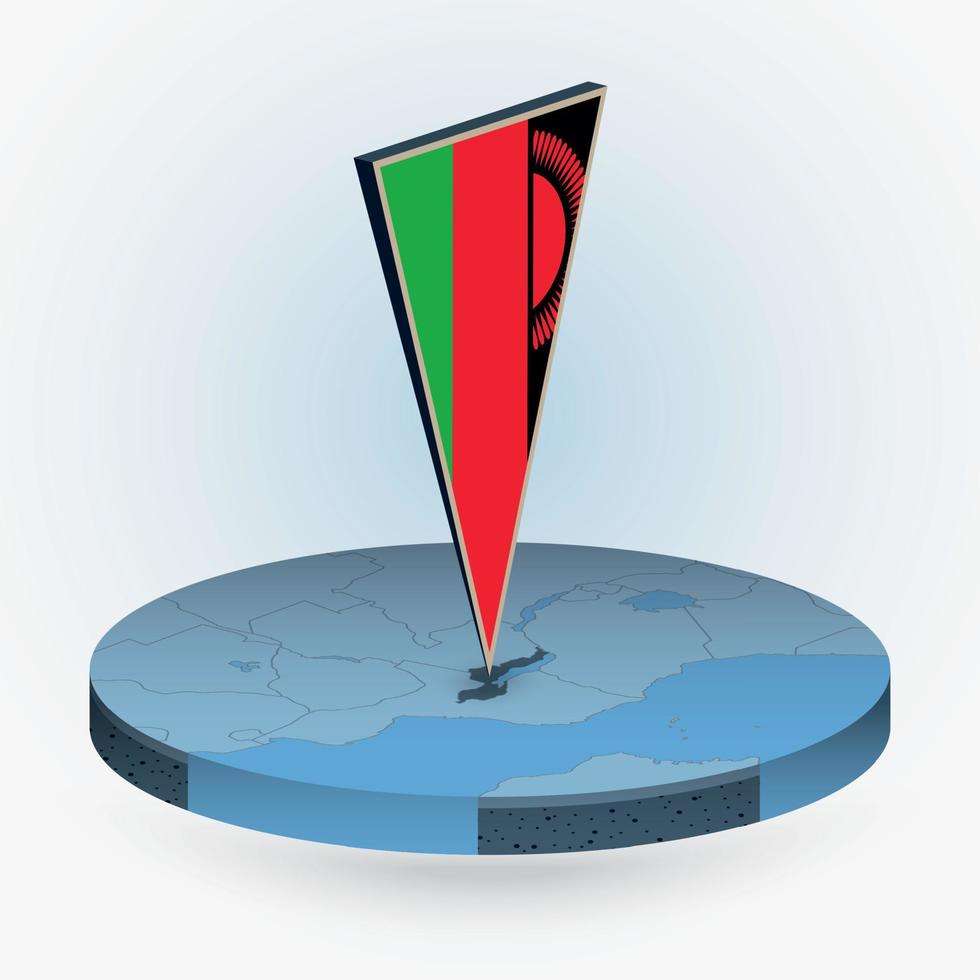 Malawi map in round isometric style with triangular 3D flag of Malawi vector
