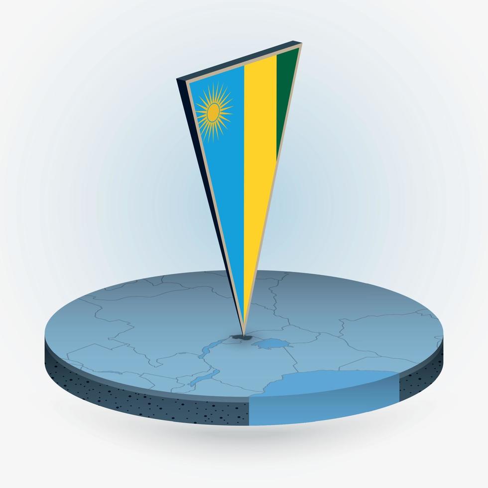 Rwanda map in round isometric style with triangular 3D flag of Rwanda vector