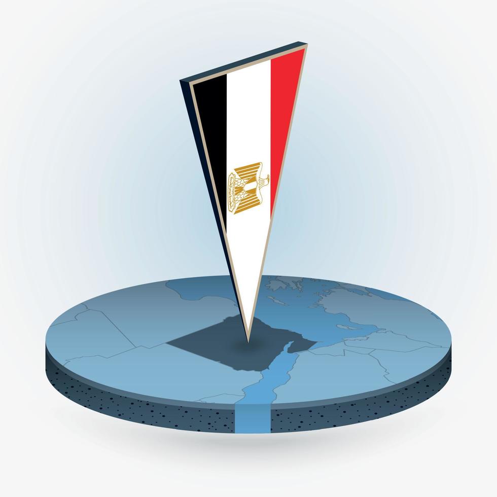 Egypt map in round isometric style with triangular 3D flag of Egypt vector