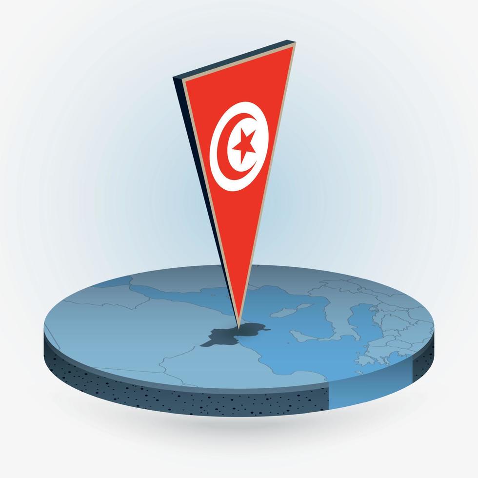 Tunisia map in round isometric style with triangular 3D flag of Tunisia vector