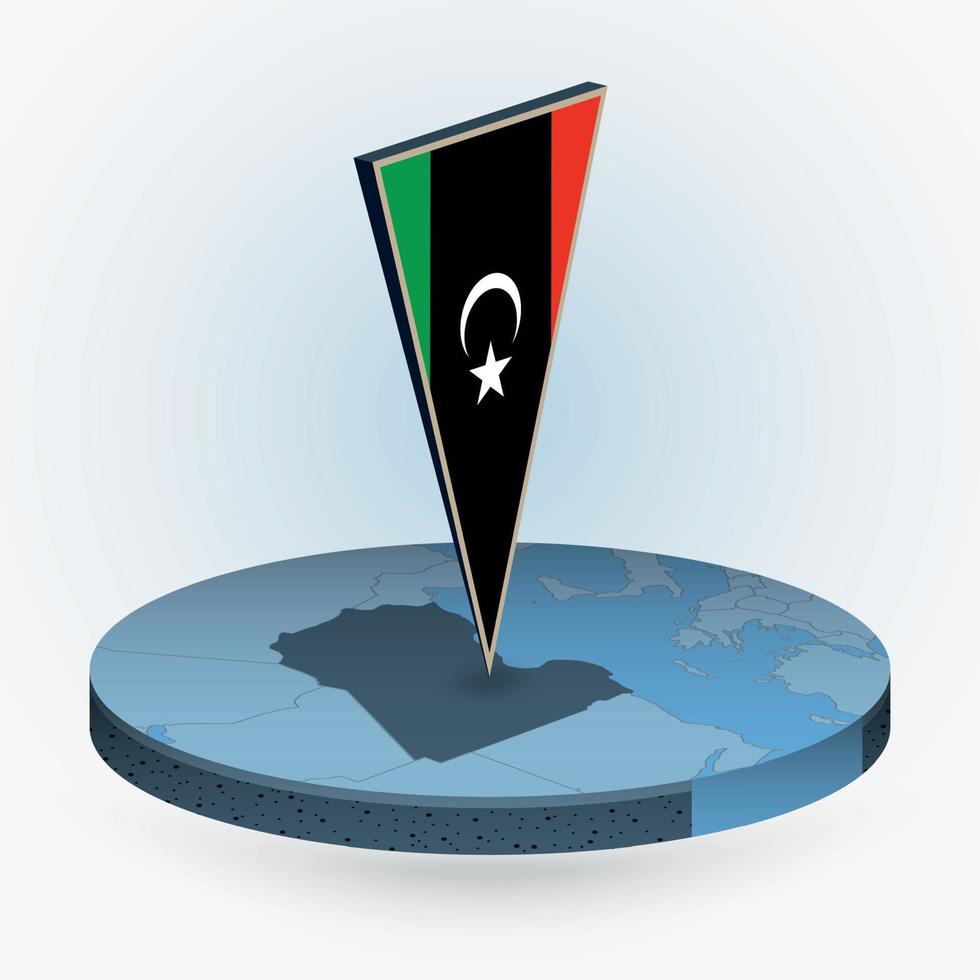 Libya map in round isometric style with triangular 3D flag of Libya vector