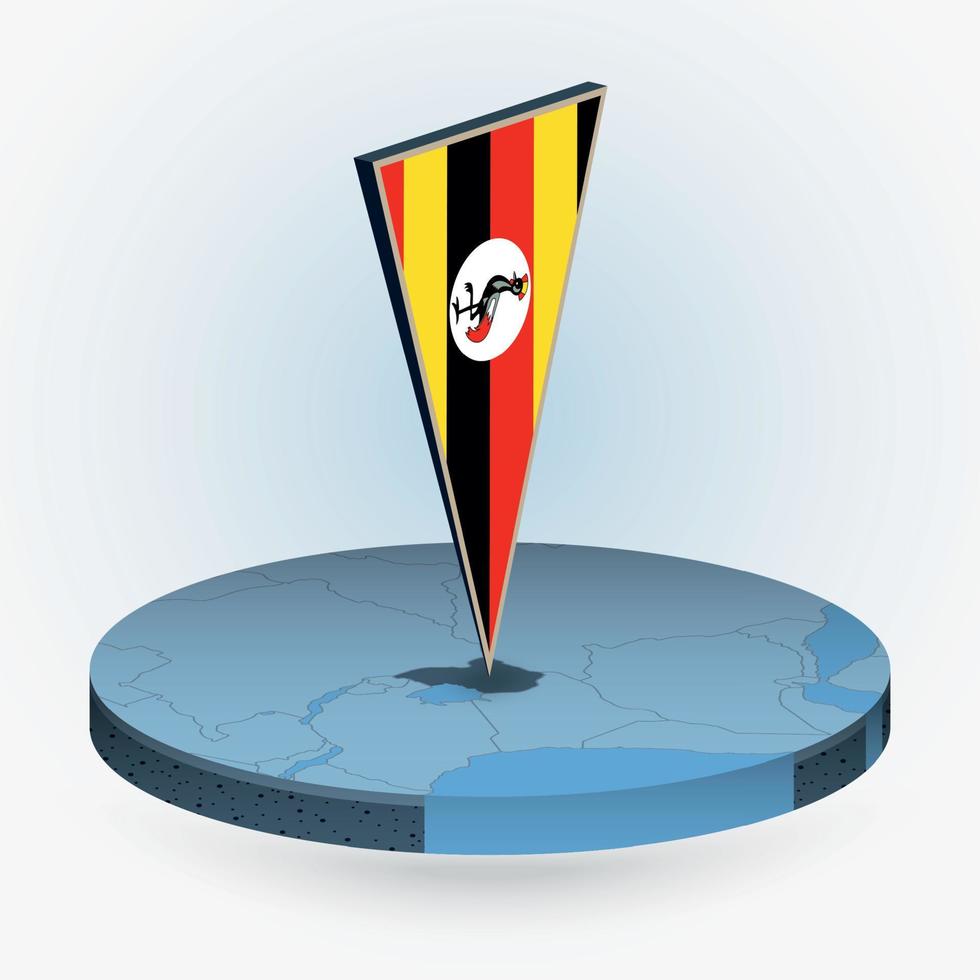 Uganda map in round isometric style with triangular 3D flag of Uganda vector