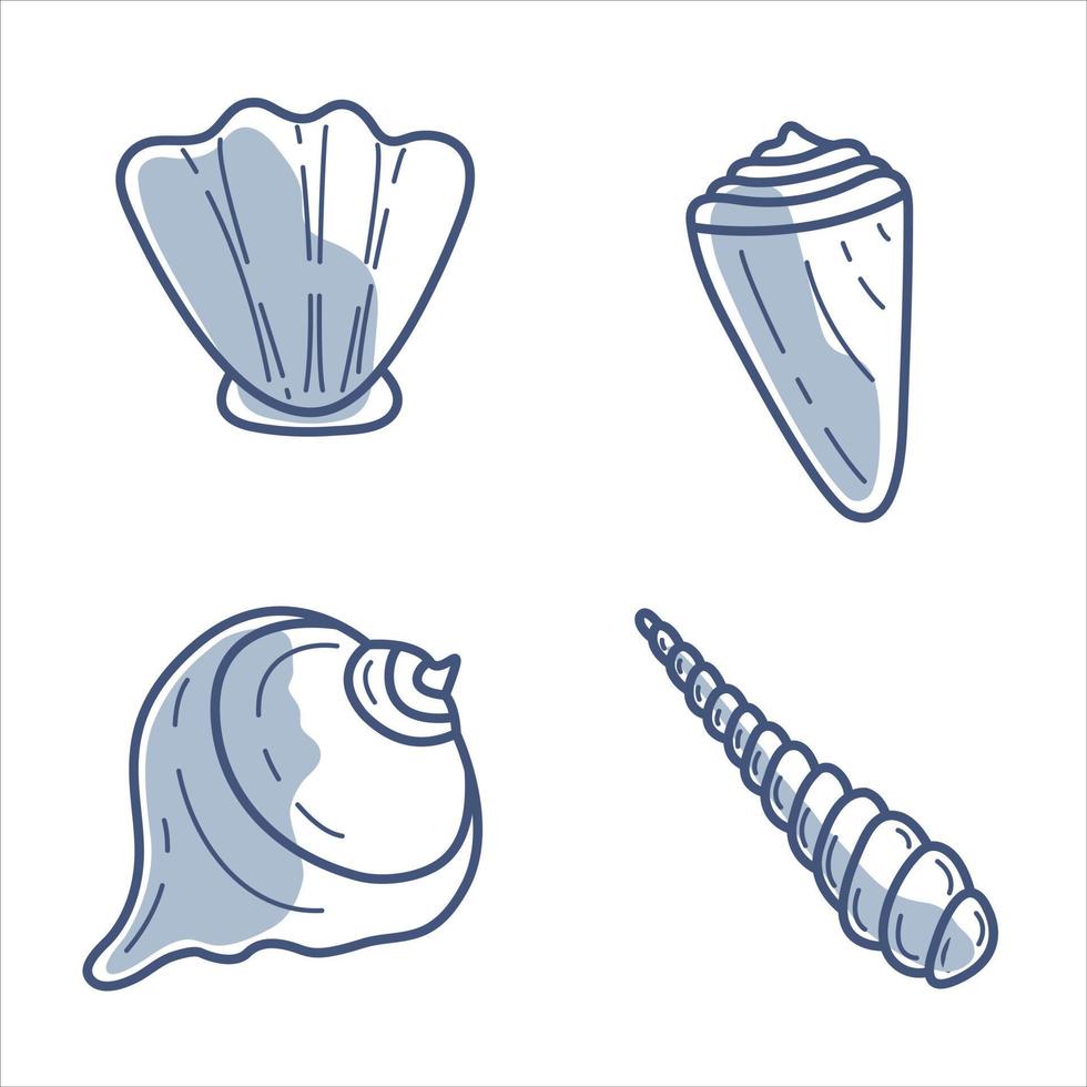 stset de 4 4 vector ilustraciones de diferente conchas marinas azul línea contorno con parcial relleno.