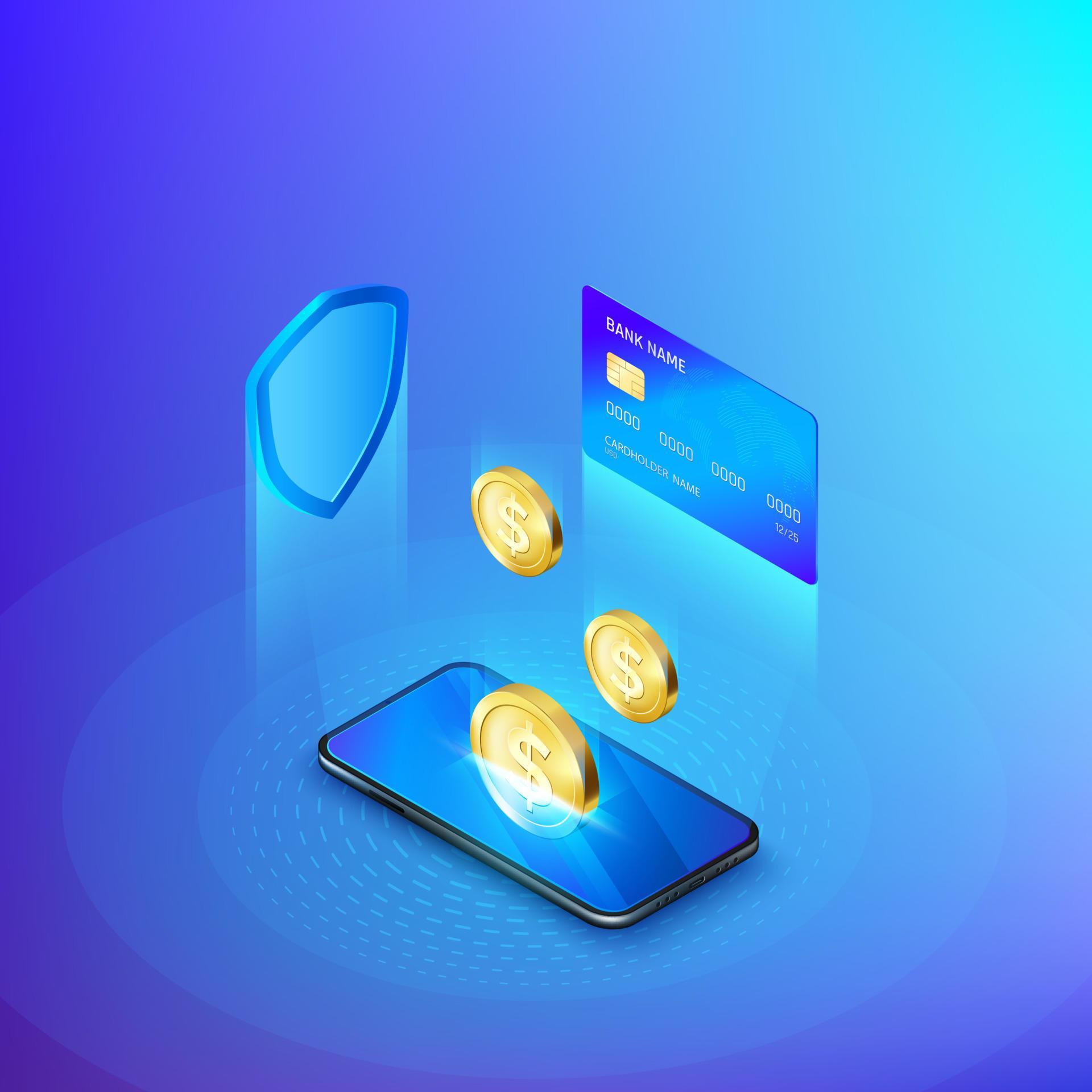 Mobile phone and falling gold coin credit card and shield concept of