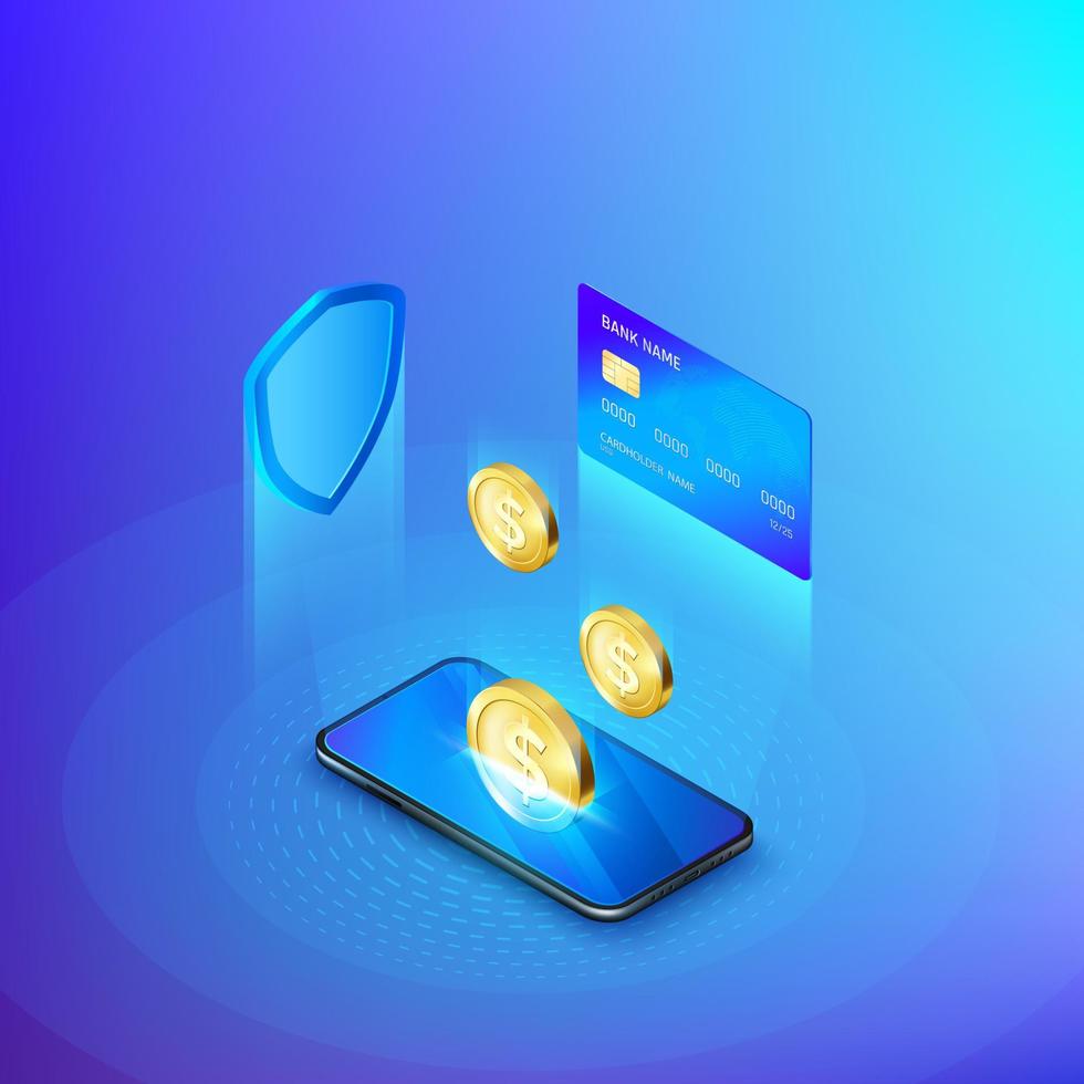 Mobile phone and falling gold coin credit card and shield concept of banking online or deposit money isometric banner. Security of banking account or payment service. Vector
