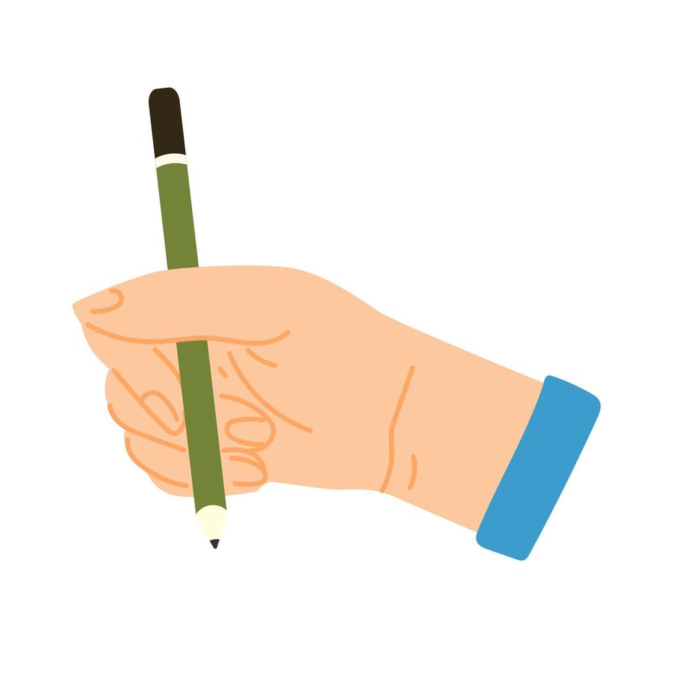 The hand is holding a pencil. Flat vector illustration. Modern style. Icon. Hand.