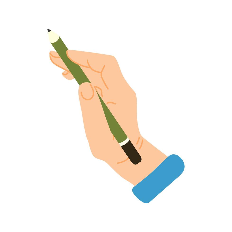 The hand is holding a pencil. Flat vector illustration. Modern style. Icon. Hand.