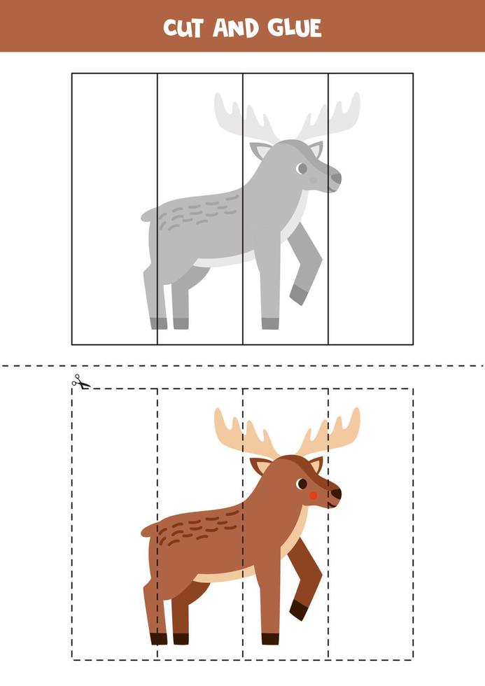 Cut and glue game for kids. Cute cartoon moose. vector