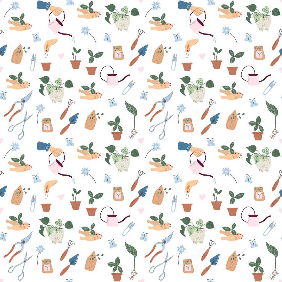 Seamless pattern with Gardening elements, DIY activities.  Home gardening and plant care concept. Hand drawn abstract vector background.