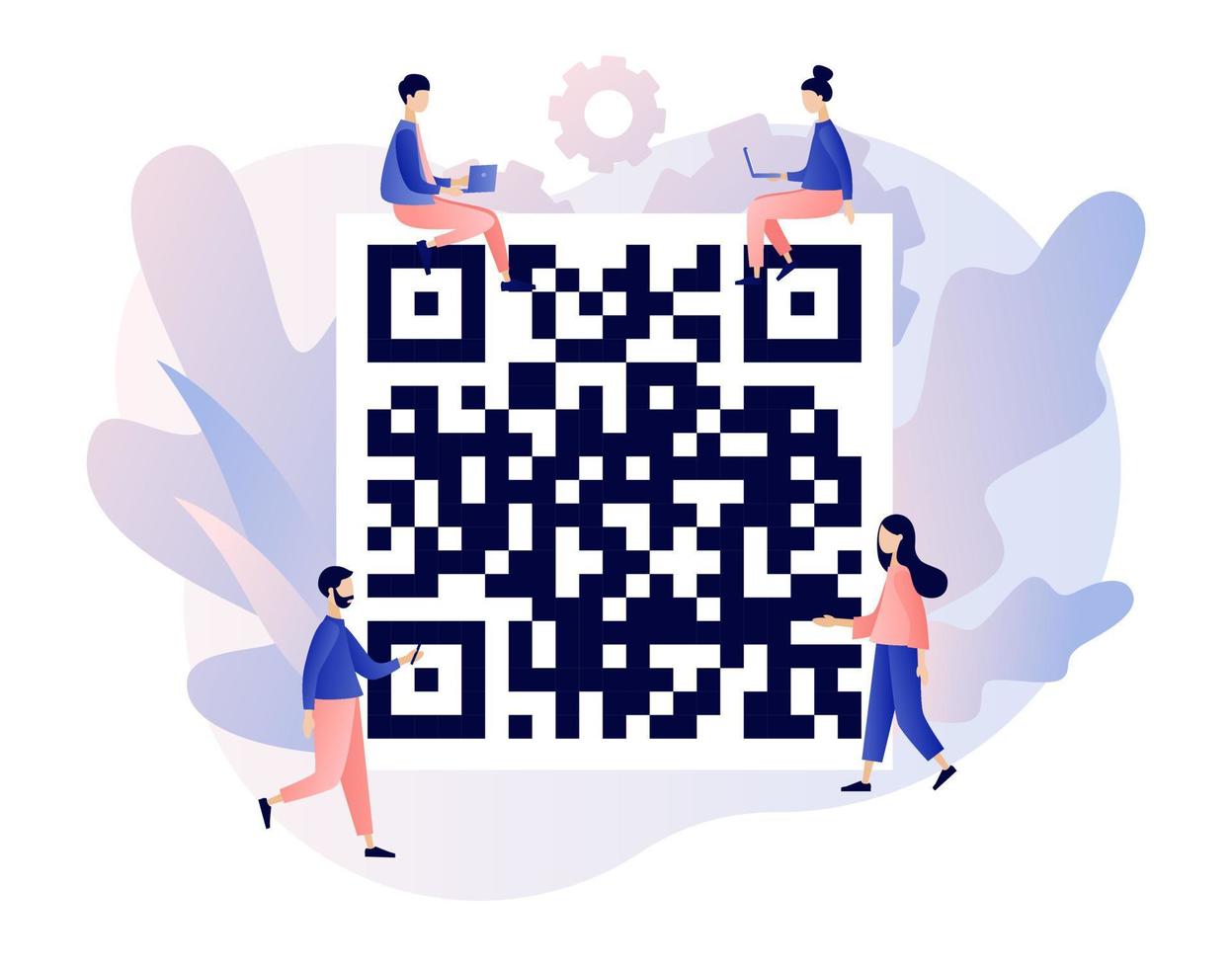 QR Code scanning concept. Tiny people scan big code using smartphone. Modern flat cartoon style. Vector illustration on white background