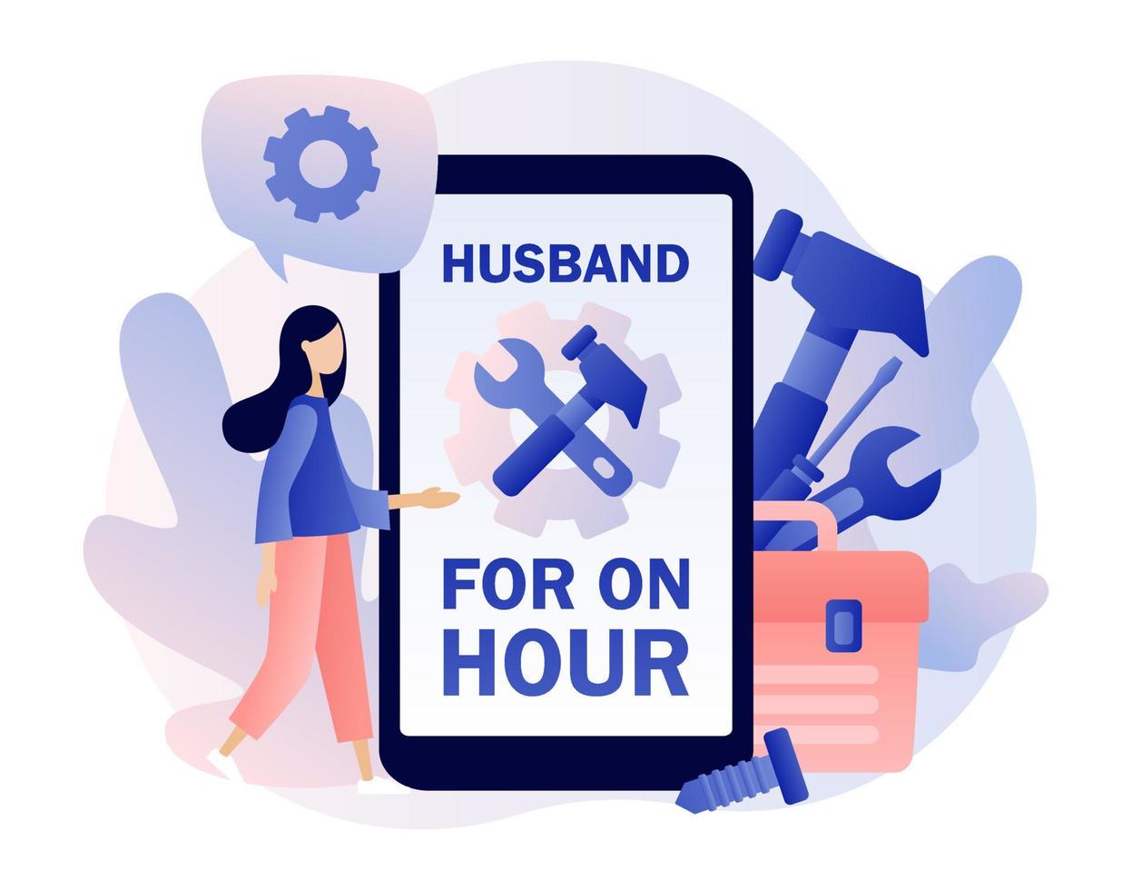 Husband for an hour. Handyman services online. Tiny woman in search of repairman in app. Box with Tools. Modern flat cartoon style. Vector illustration on white background