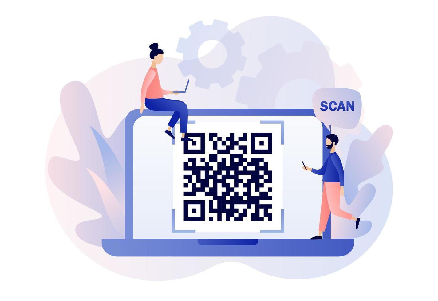 qr código exploración concepto. minúsculo personas escanear código utilizando teléfono inteligente moderno plano dibujos animados estilo. vector ilustración en blanco antecedentes