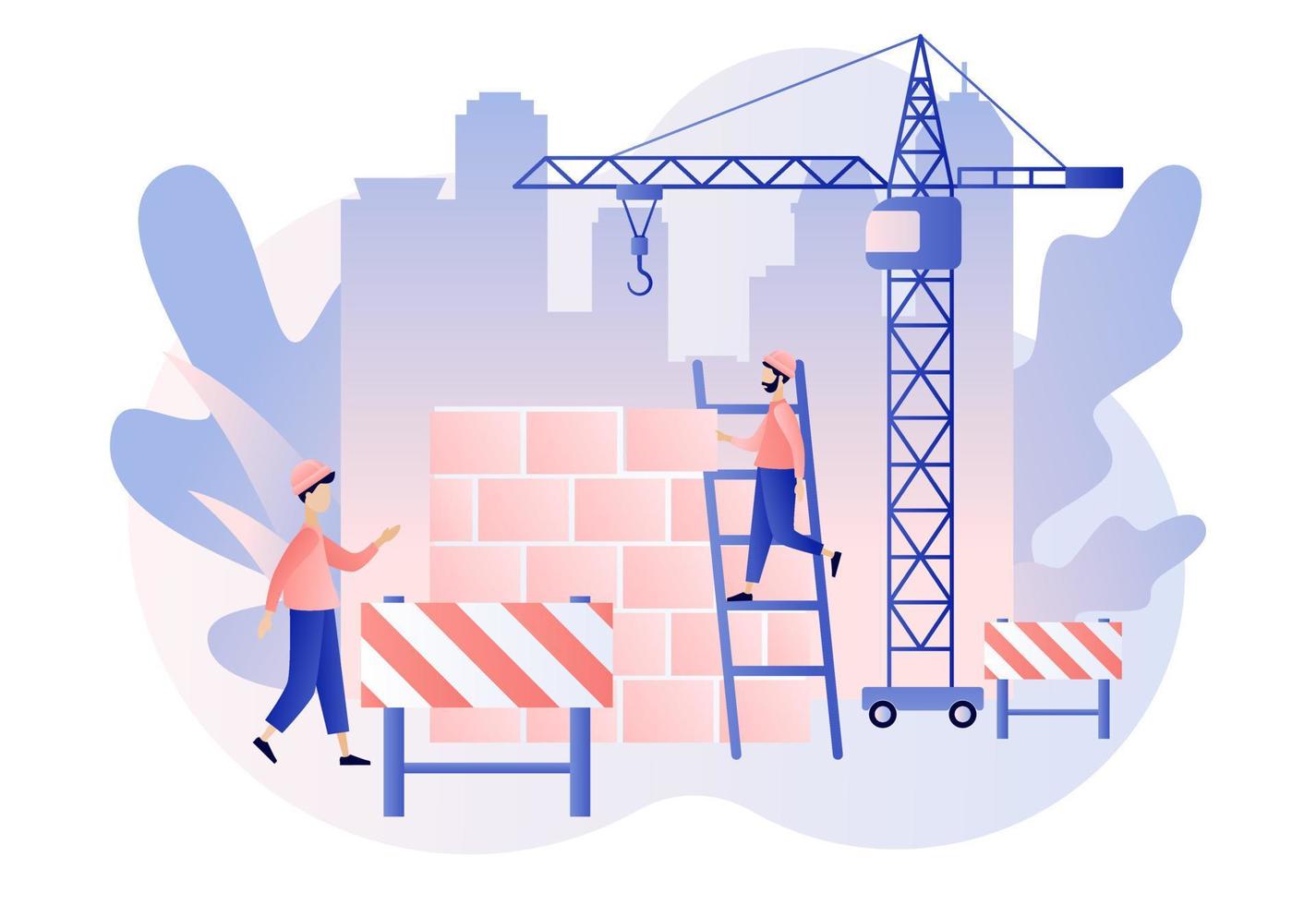 Build and Home Repair concept. Modern building process. Tiny men builders and repairers working with professional tools. Modern flat cartoon style. Vector illustration on white background